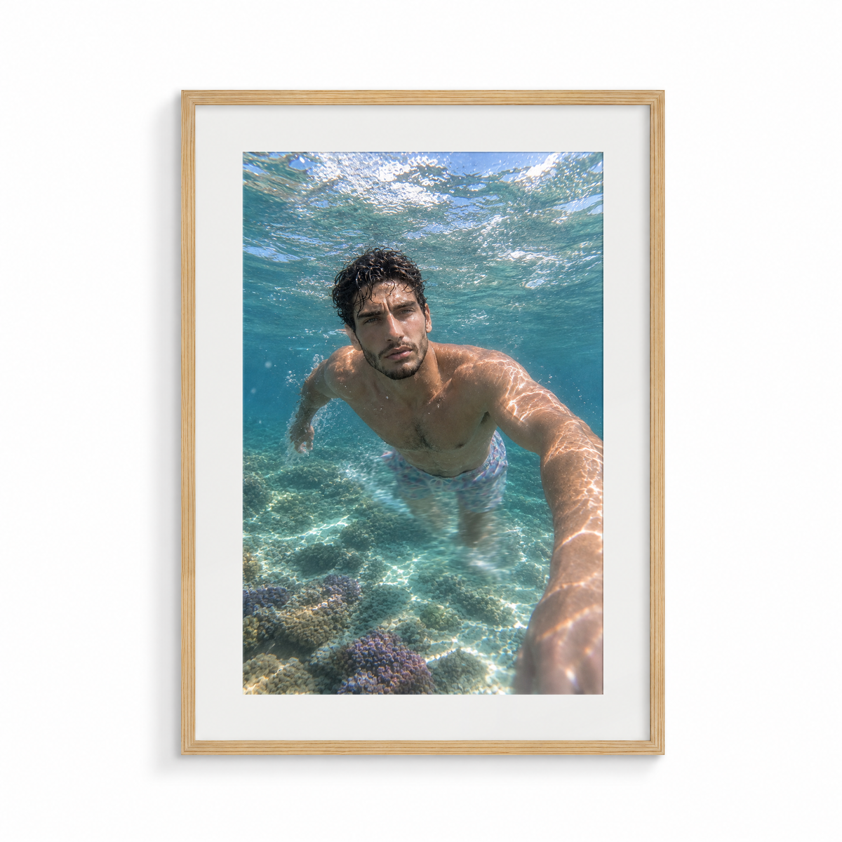 The Reach, a Siren & Surfer fine art print, in a wood frame